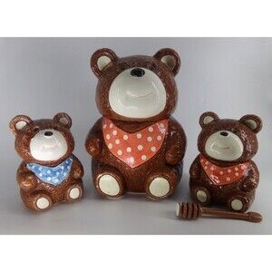 Vintage OTAGIRI Teddy Bear Cookie Jar Piggy Bank honey Set 1983 Rare Japan (24)